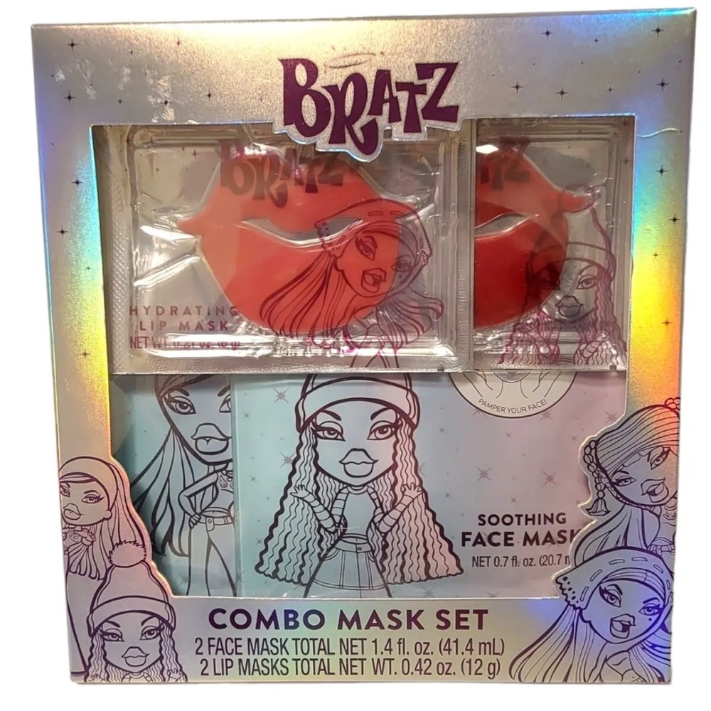 Bratz4pc Mask Set, 2Lip Masks-Firming and Hydrating,2 Soothing Printed FaceMasks